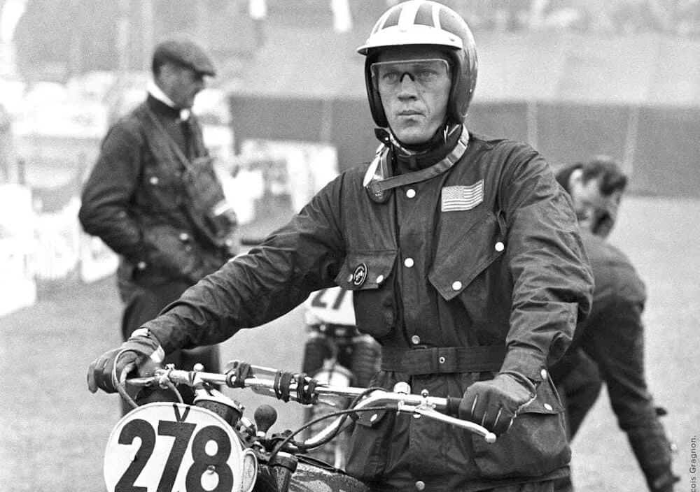 Steve McQueen wearing Barbour at the International Six Day Trial in 1964. Source: Unknown