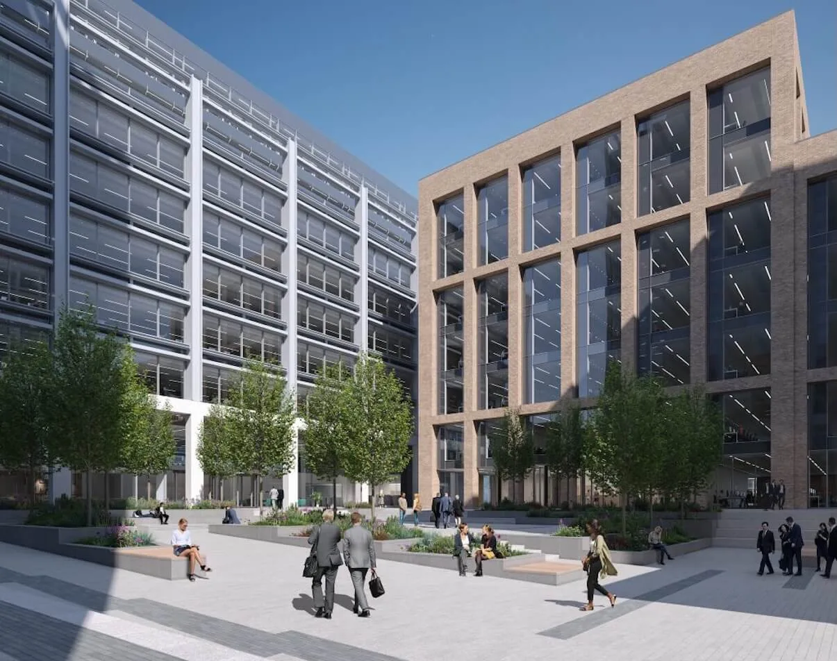 CGI of Pilgrim Place, where two new Grade A office buildings are under construction and due to complete in April 2027. Source: Pilgrim Place