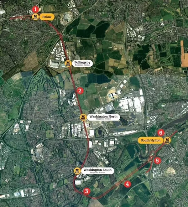 The proposed route for the 13km Metro extension to Washington, including stations at Follingsby, Washington North and Washington South. Image: Nexus.