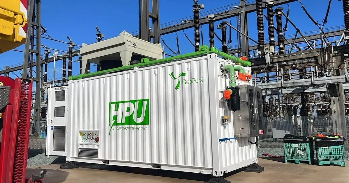 A GeoPura Hydrogen Power Unit supplies temporary electricity at a customer site. The hydrogen-powered generators are designed to replace diesel equipment in sectors including construction, film and events.