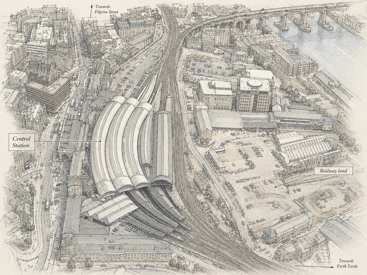 Architect-style sketch based on an aerial photograph, showing Central Station and the land between Newcastle's eastern and western city-centre expansions. Source: Review North