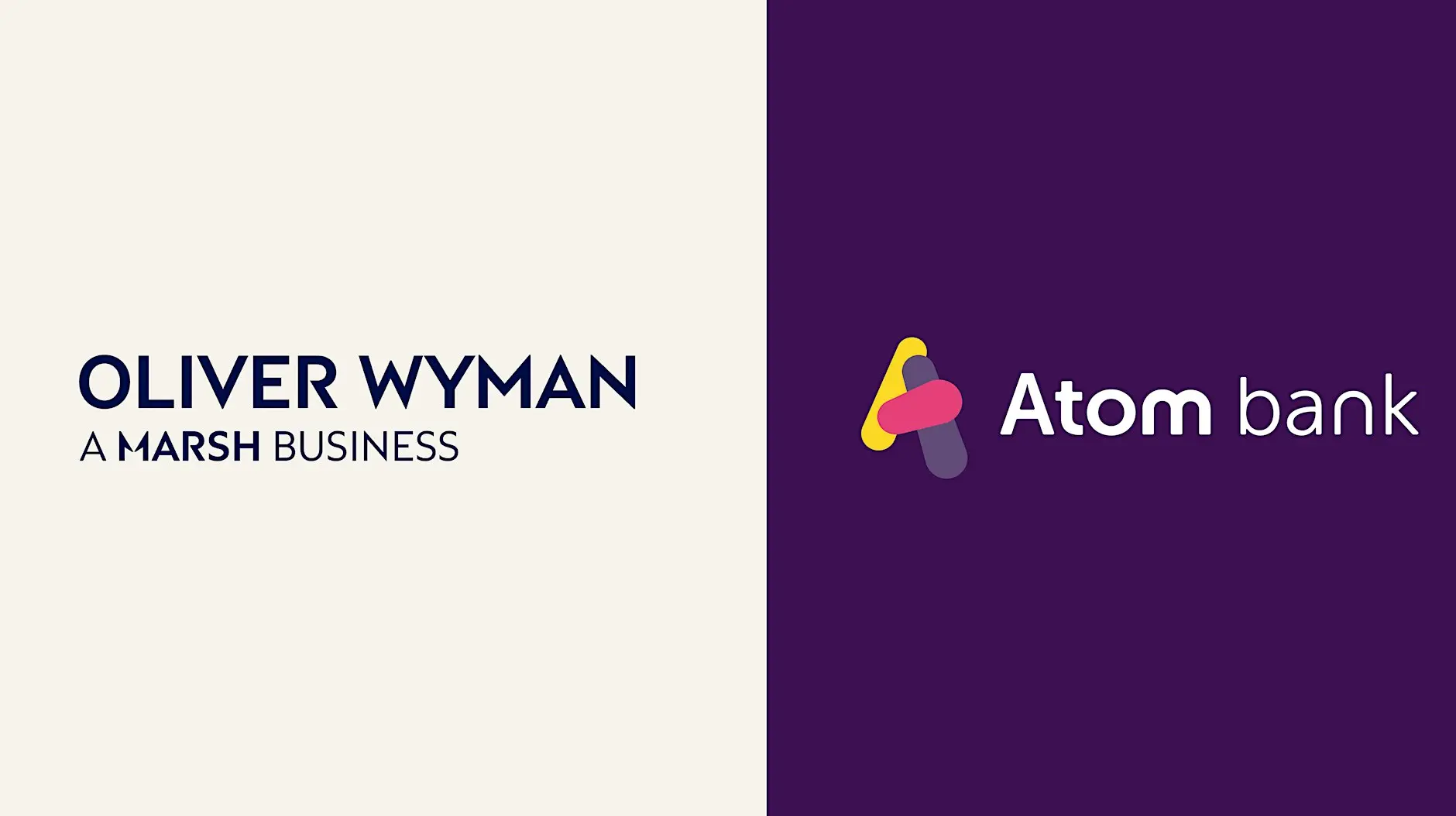 Oliver Wyman and Atom bank logos on a cream and purple banner