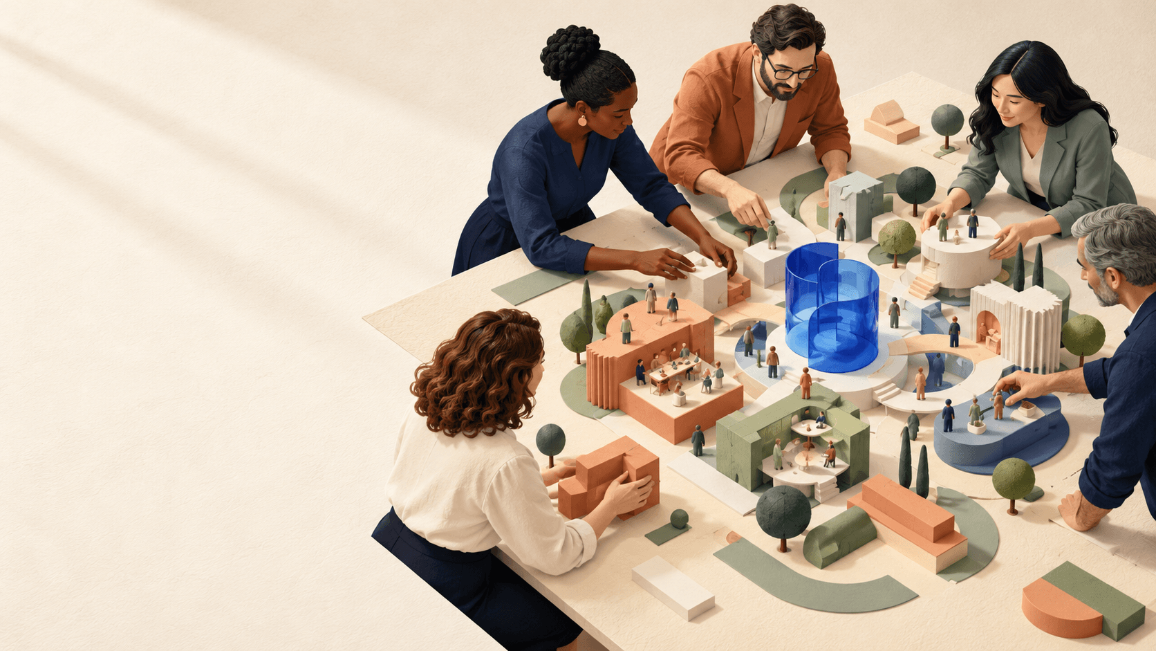 Business leaders collaborating around a model of a future company