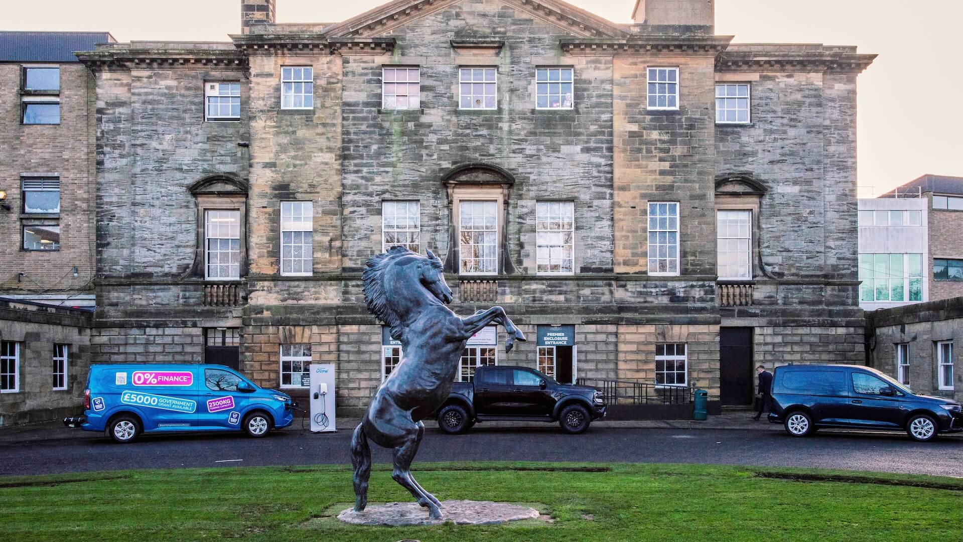 Stone building and horse statue in Newcastle